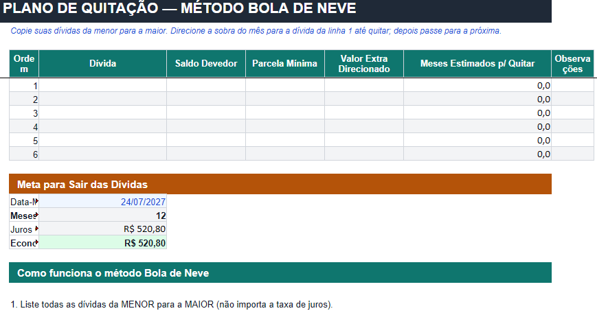 Print do Plano de Quitação — Método Bola de Neve